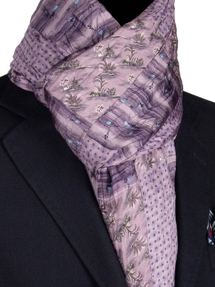 Cachecol de Seda Lilás Vintage Patchwork Padrão Cinza Azul Celeste S766 por atacado de Graffeo Cravatte