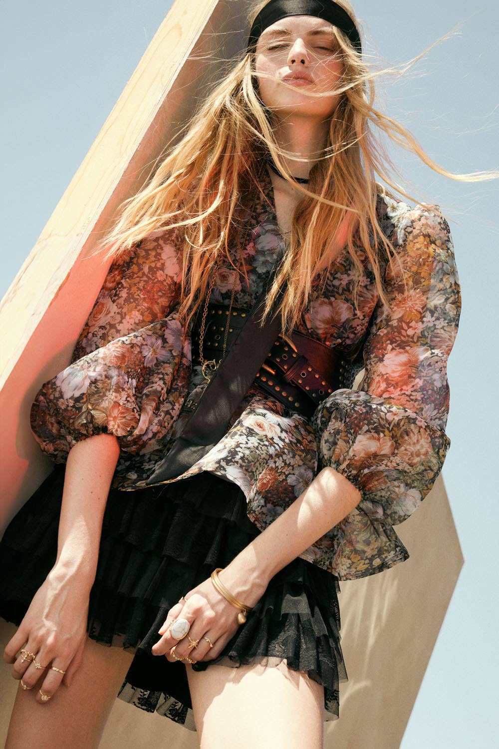 BLACK Floral-Print Organza Puff-Sleeve Peplum Top for wholesale on Faire3