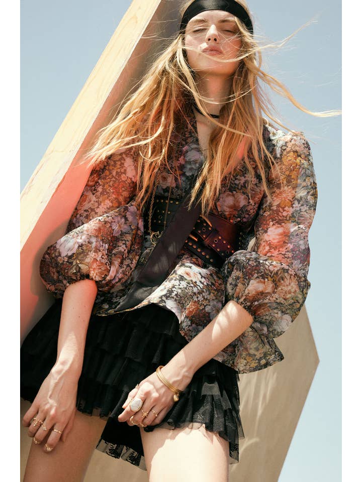 BLACK Floral-Print Organza Puff-Sleeve Peplum Top for wholesale on Faire3