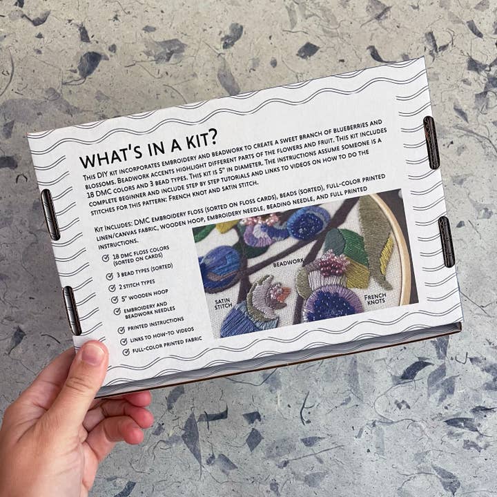 Kate Wyatt Fine Art – wholesale DIY craft kit – DIY Embroidery and Beadwork Kit - Blueberry Blossoms (5")4