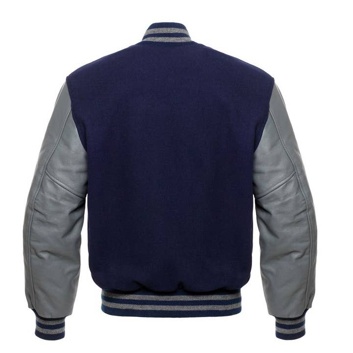 Navy Blue Wool&Grey Leather Sleeves Classic Letterman Jacket for wholesale by Varsity Craft