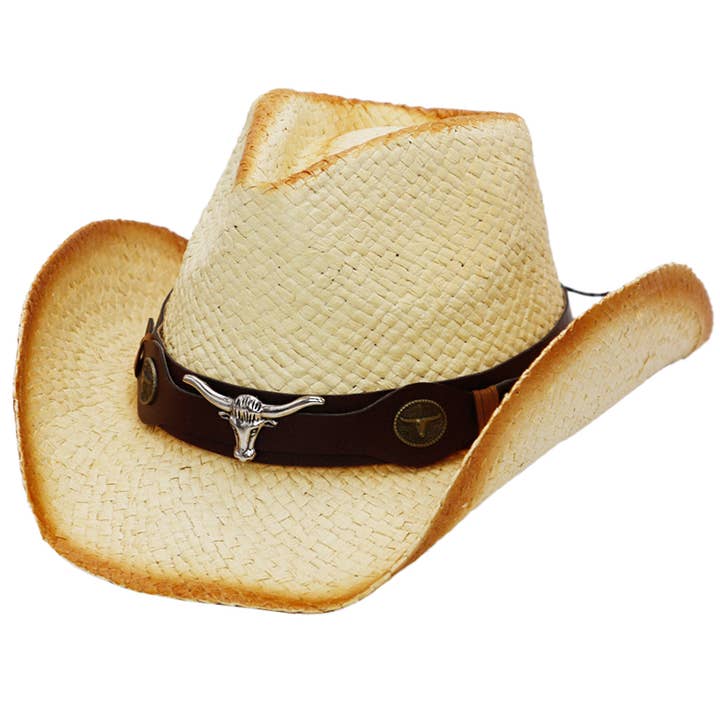 Cap Zone - Wholesale Cowboy Hat - Unisex - Longhorn Belt Vintage Ombre Burnt Paper Straw Cowboy Hat