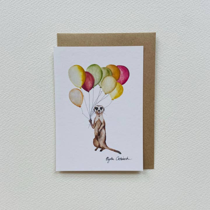 Meerkat with balloons Birthday Card for wholesale by Myrthe Oostenbach Art