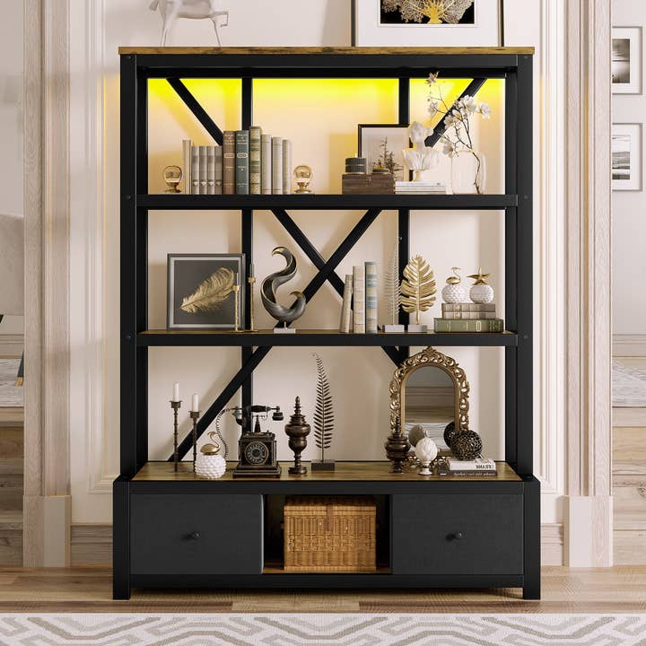 39F Inc. - Wholesale Bookcase - Vintage 3-Shelf Bookcase with Drawers and LED Lighting