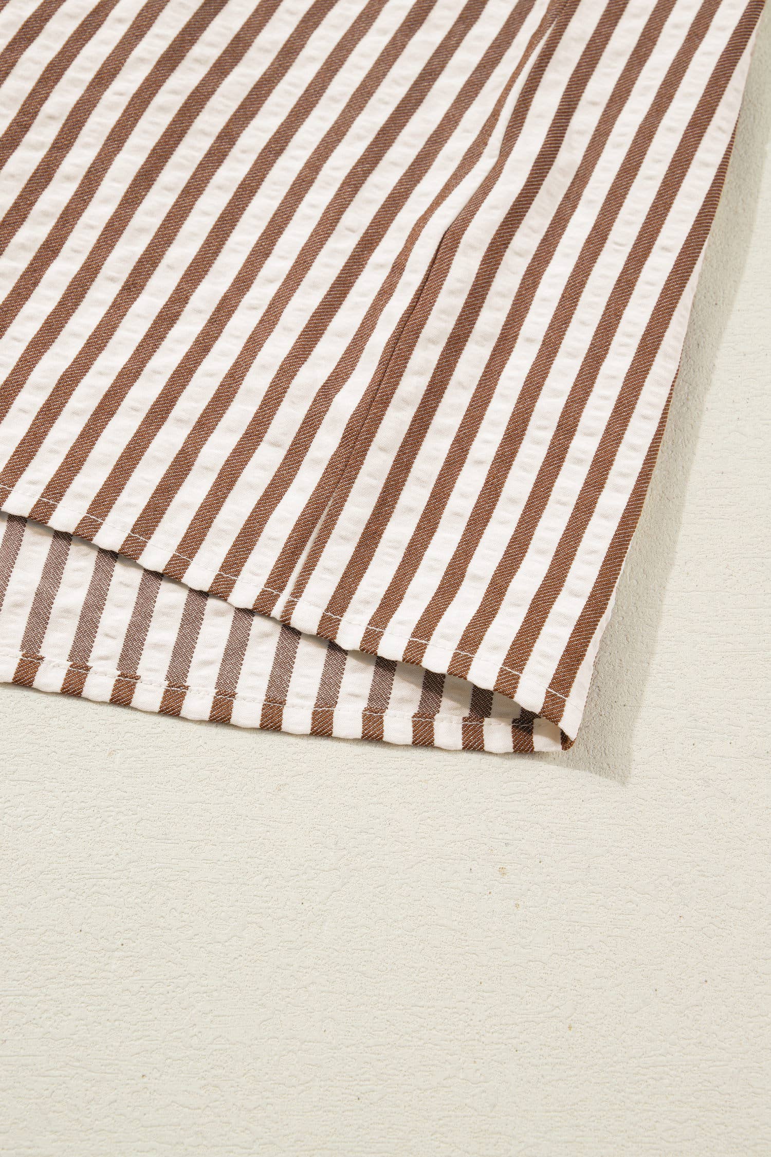 Brown Leopard Trim Button Down Stripe Half Sleeve Shirt (S-XL) for wholesale on Faire6