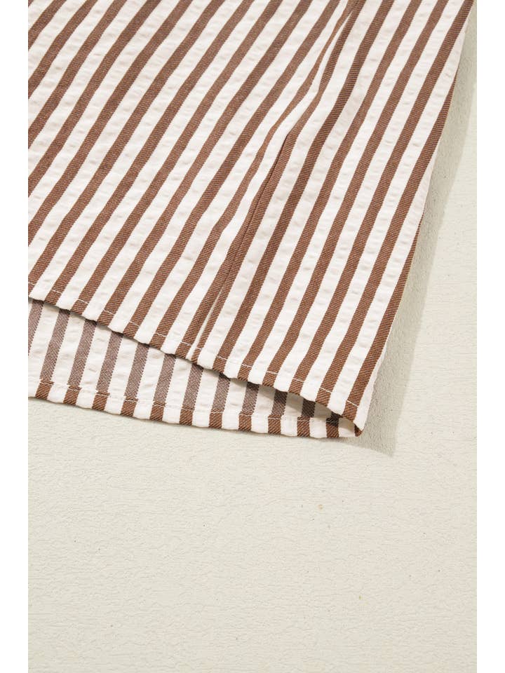 Brown Leopard Trim Button Down Stripe Half Sleeve Shirt (S-XL) for wholesale on Faire6