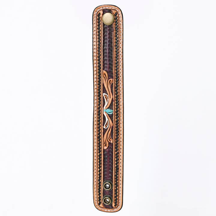 LS Western - Wholesale Cuff bracelet - LC-ADBRF149 Hand Tooled Leather Cuff Bracelet - Floral Scroll with Turquoise Accent & Braided Border