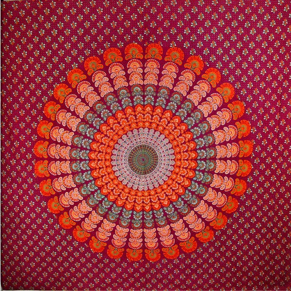 Maroon Peacock Dance Mandala Tapestry for wholesale by Wild Lotus