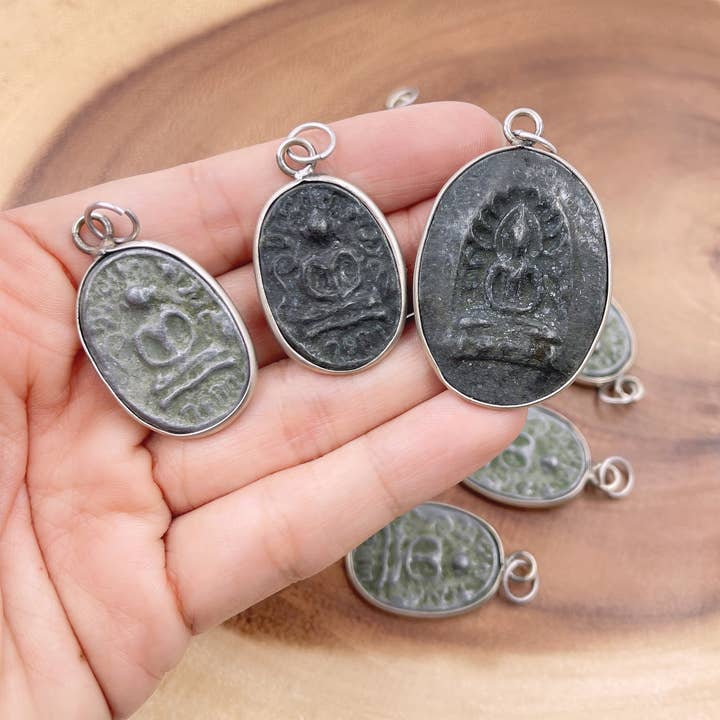 Carved Stone Thai Sitting Buddha, Yoga Charm Pendant for wholesale by Beads Creation