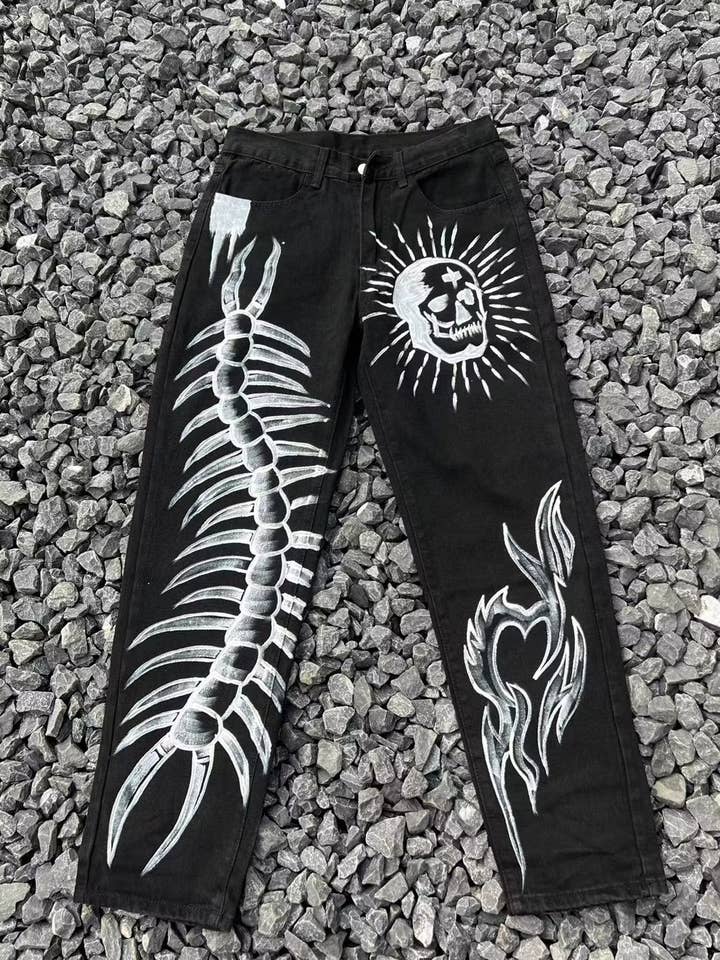 Black Hip-hop skull jeans men's straight trousers for wholesale on Faire1
