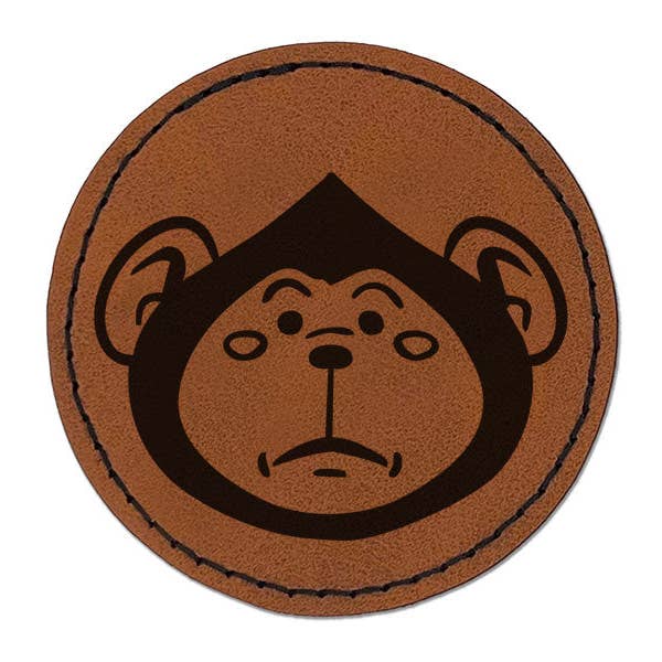 Silly Monkey Round Head Ape Chimpanzee Round Iron-On Engraved Faux Leather Patch Applique - 2.5 Inch for wholesale by Sniggle Sloth