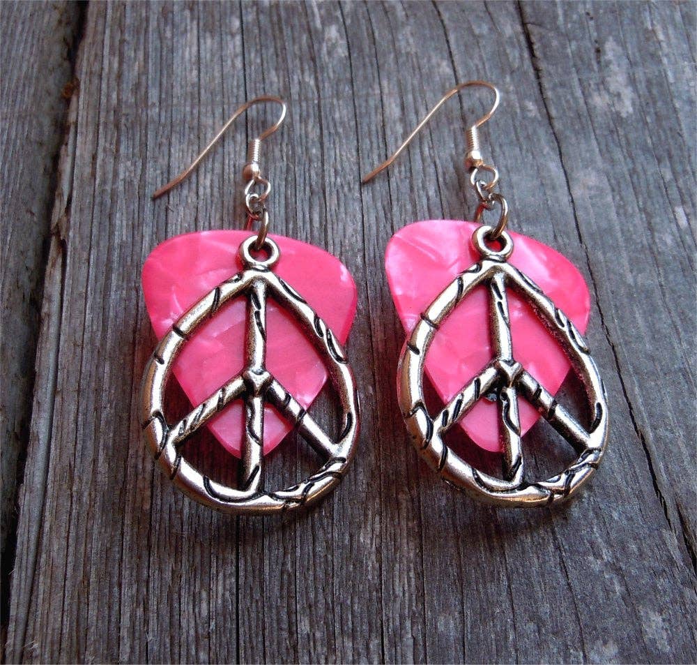 Simply Raevyn - Wholesale Dangle Earrings - Large Oval Peace Sign Charm Guitar Pick Earrings12