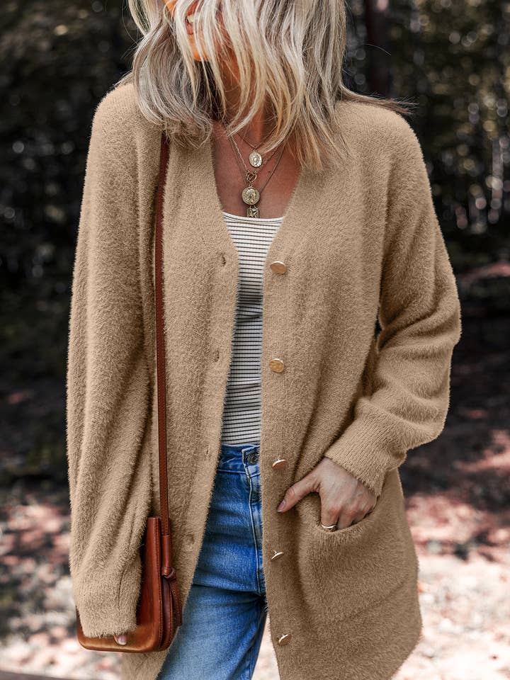 Smoke Gray Fuzzy Buttoned Front Midi Solid Cardigan for wholesale by Lovesoft