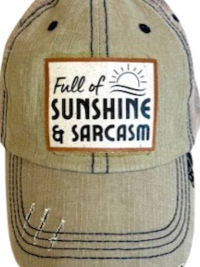 (#88)"FULL OF SUNSHINE & SARCASM" DISTRESSED TRUCKER HAT for wholesale by Jana's Flannels