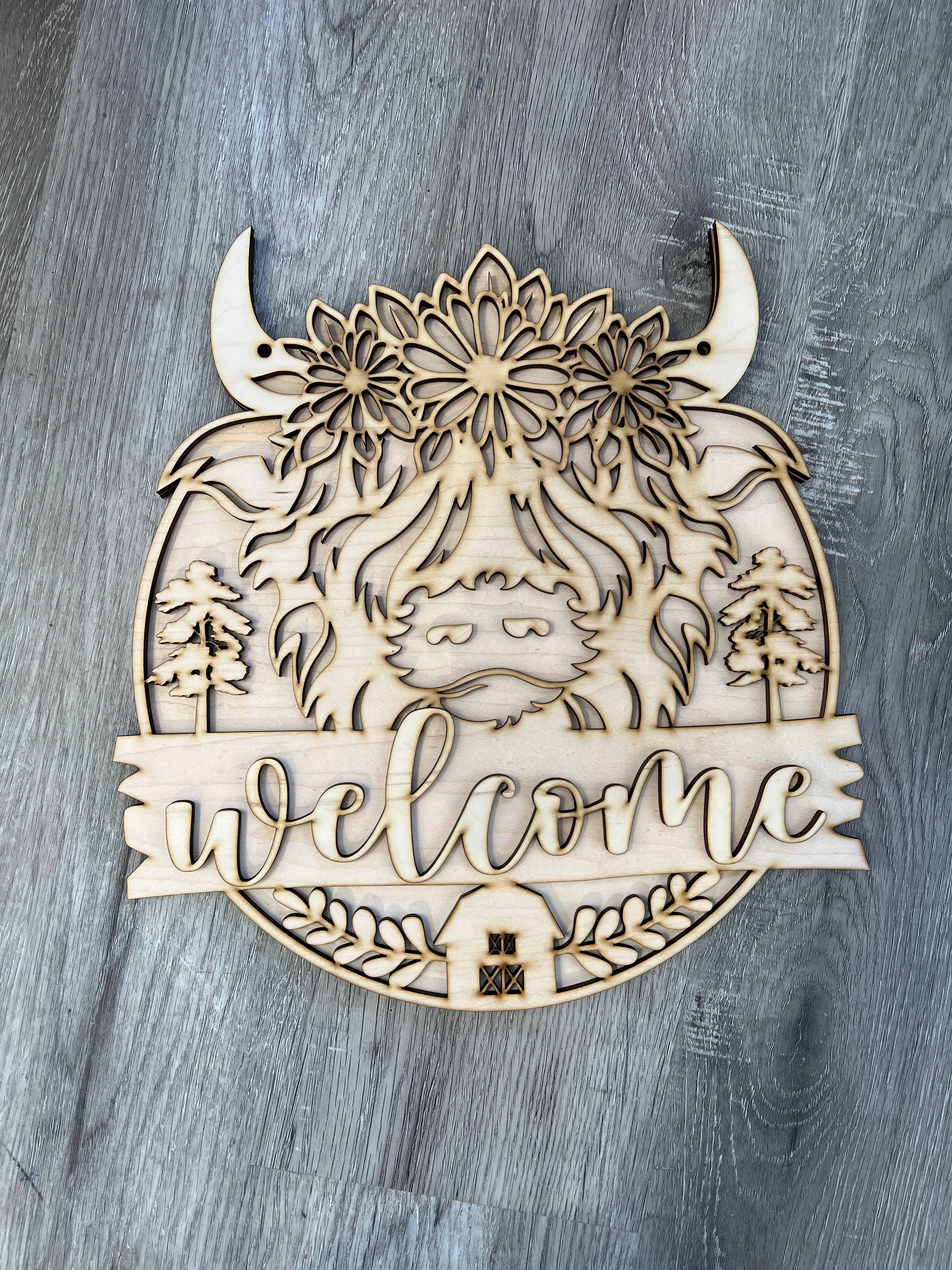 Rustic Home Co LLC - Wholesale Door Hanger - Sign,Highland Cow Welcome Door-hanger, diy craft0