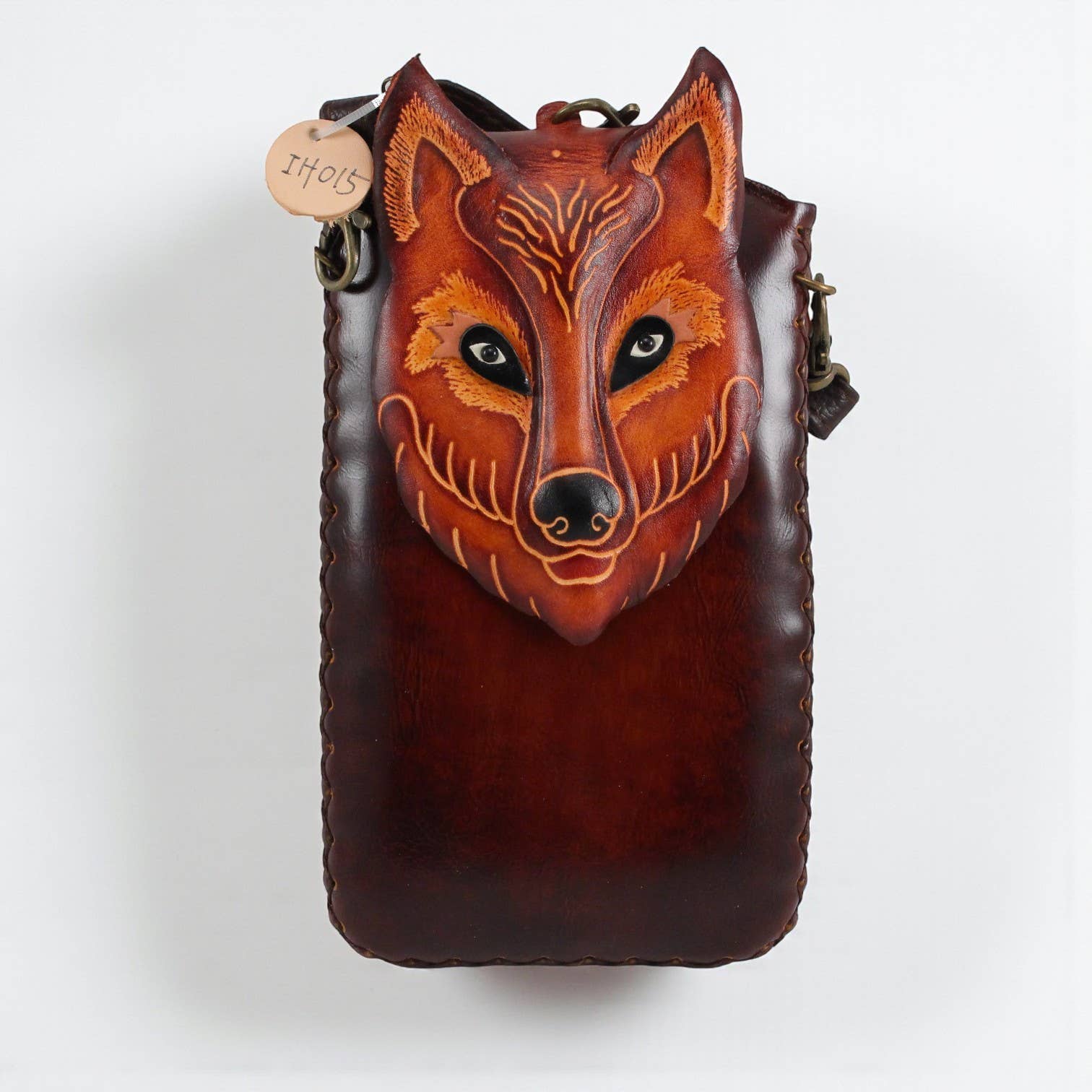 Sunflower Handmade leather inc - Vendita all'ingrosso Custodia per cellulare - Donna - Custodia per cellulare in pelle fatta a mano con lupo3