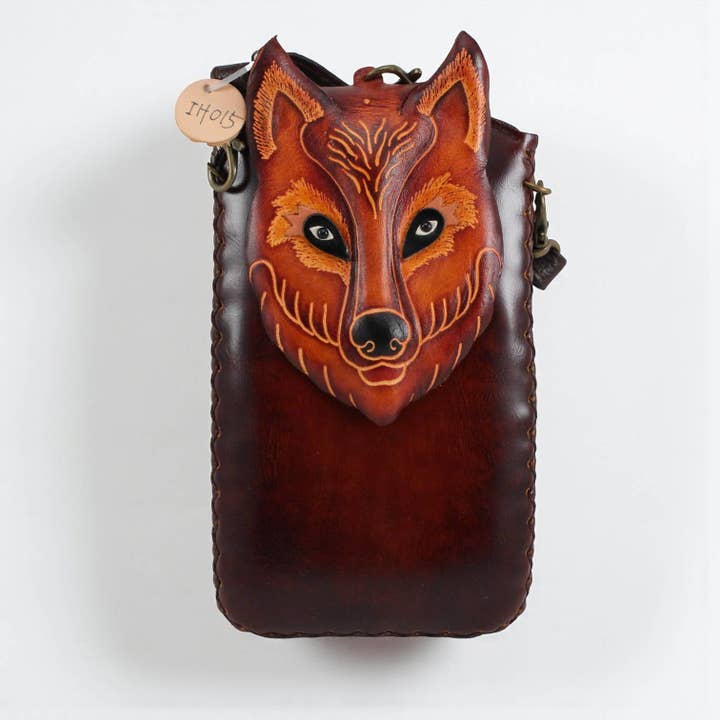 Sunflower Handmade leather inc - Vendita all'ingrosso Custodia per cellulare - Donna - Custodia per cellulare in pelle fatta a mano con lupo3