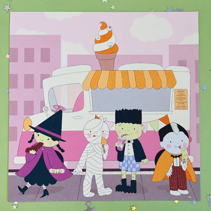 Impression artistique mignonne et confortable de camion de glace pour Halloween pour la vente par Little Crayon Co.