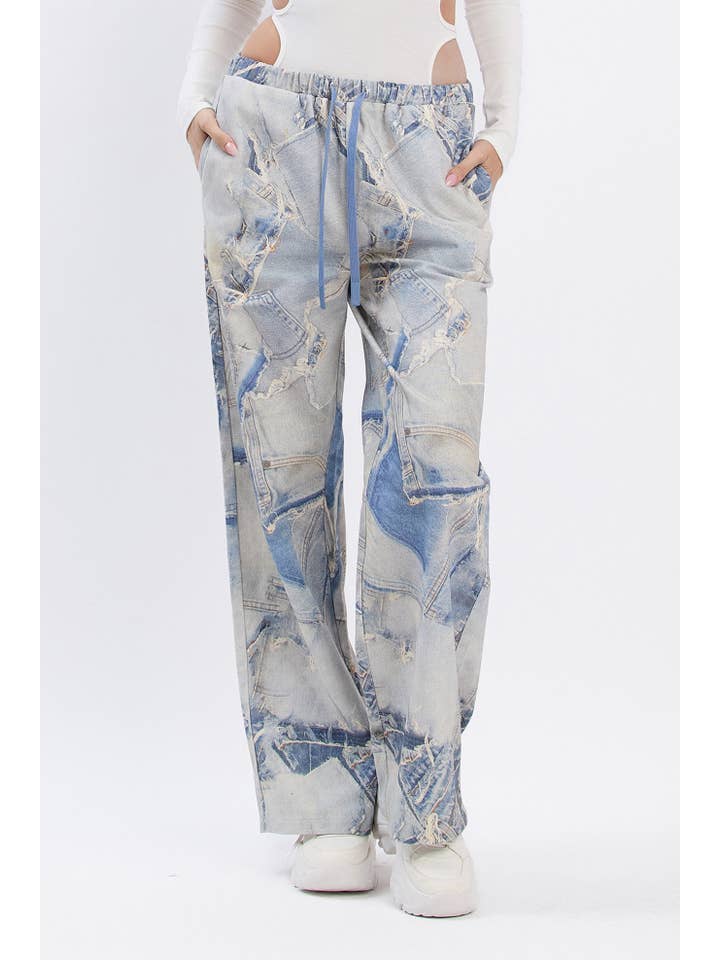 No Vacancy - Wholesale Pants - Women's - Denim print wide legged pants w/ drawstring