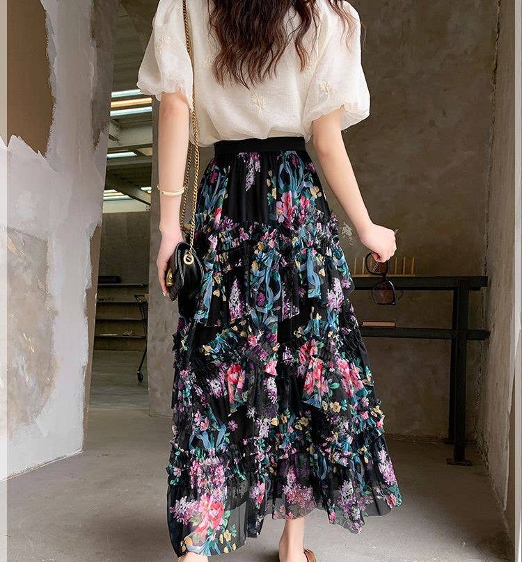 PEACH ACCESSORIES – Engroshandel Nederdel - Dame – PEACH ACCESSORIES blomsterprintet flæsenederdel med vidde SK1936