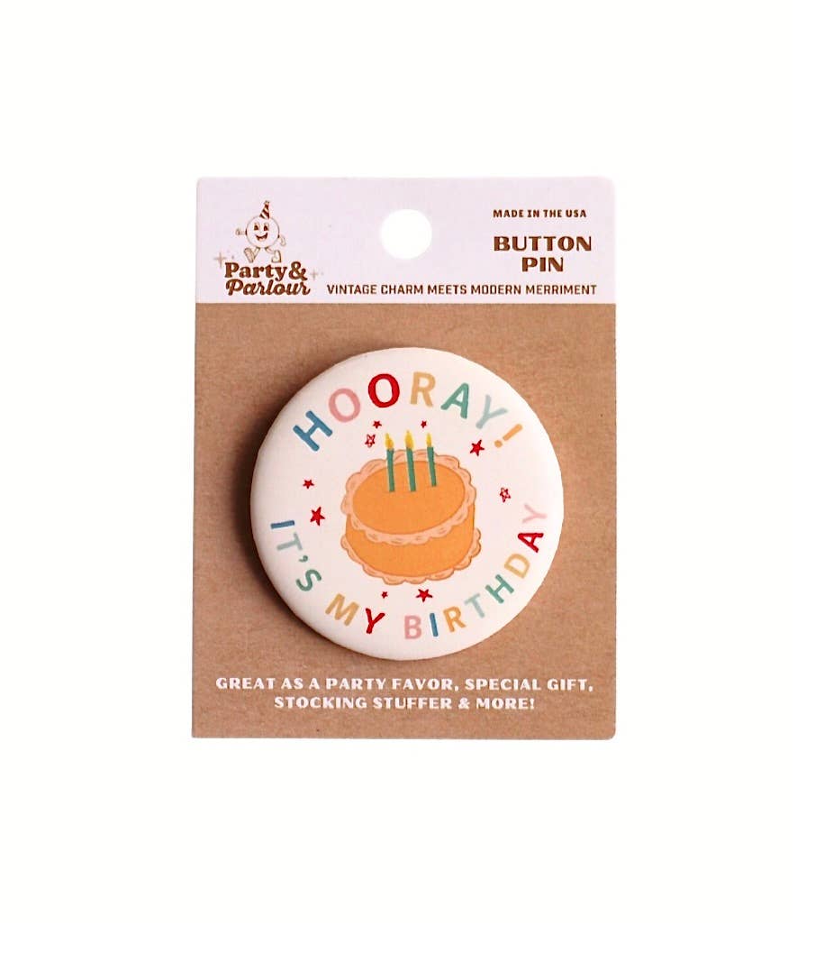 Party & Parlour - Wholesale Lapel Pin/Button - Kids - 2.25" Hooray It's My Birthday Vintage Cake Button Pin Badge
