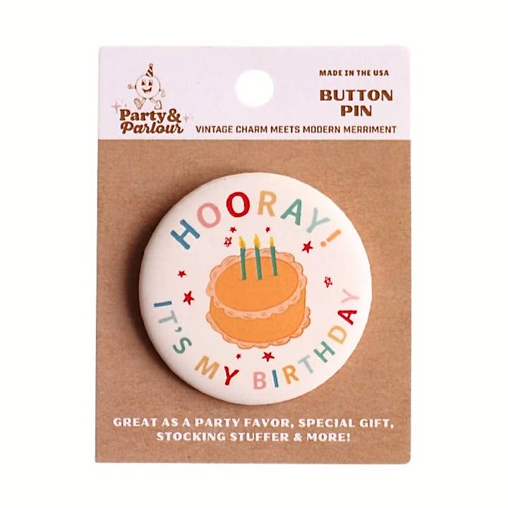 Party & Parlour - Wholesale Lapel Pin/Button - Kids - 2.25" Hooray It's My Birthday Vintage Cake Button Pin Badge0