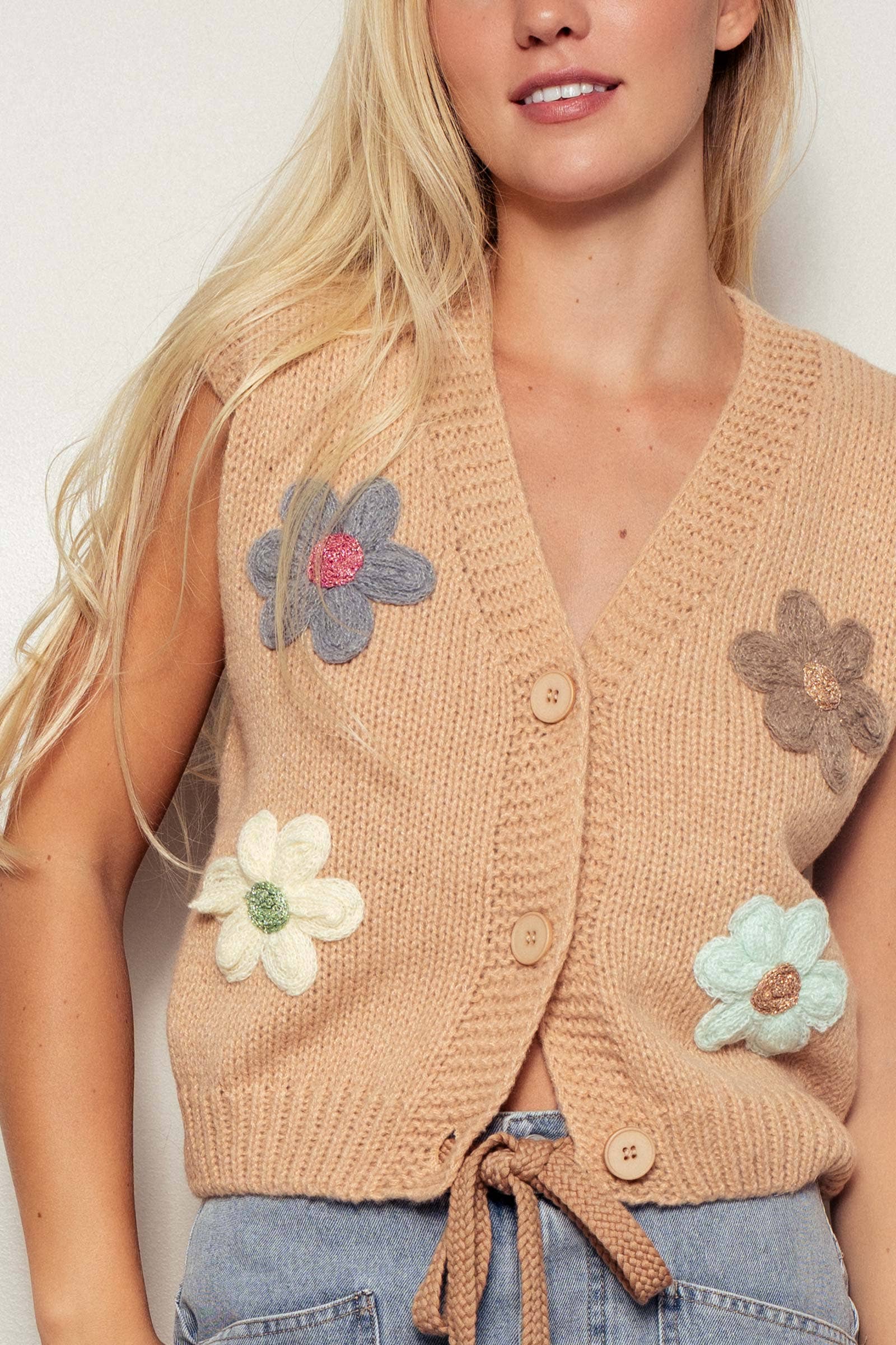 CAMEL Daisy Flower Embroidered Cropped Knit Button Vest for wholesale on Faire