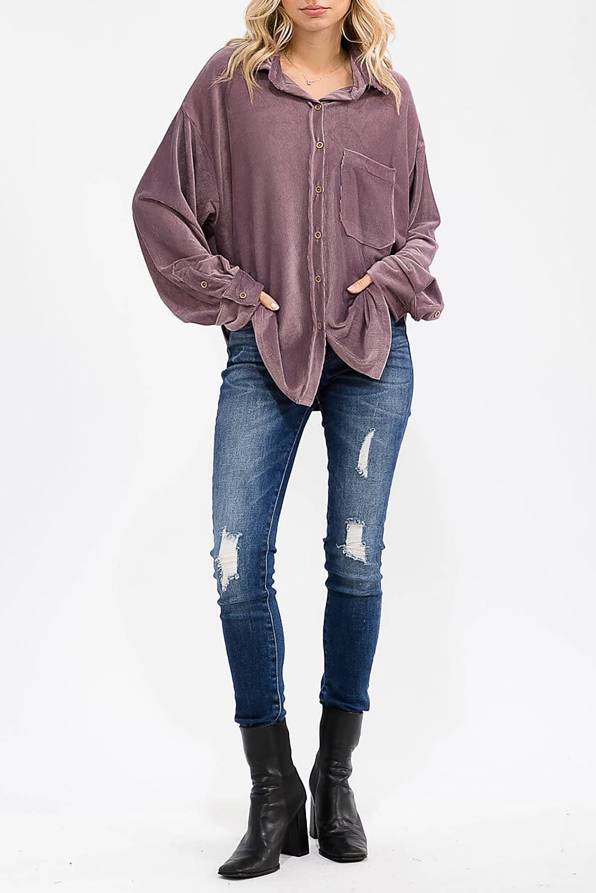 ROUSSEAU - Wholesale Button Down Shirt - Women's - OVERSIZED CORDUROY BUTTON DOWN POCKET FRONT TOP19