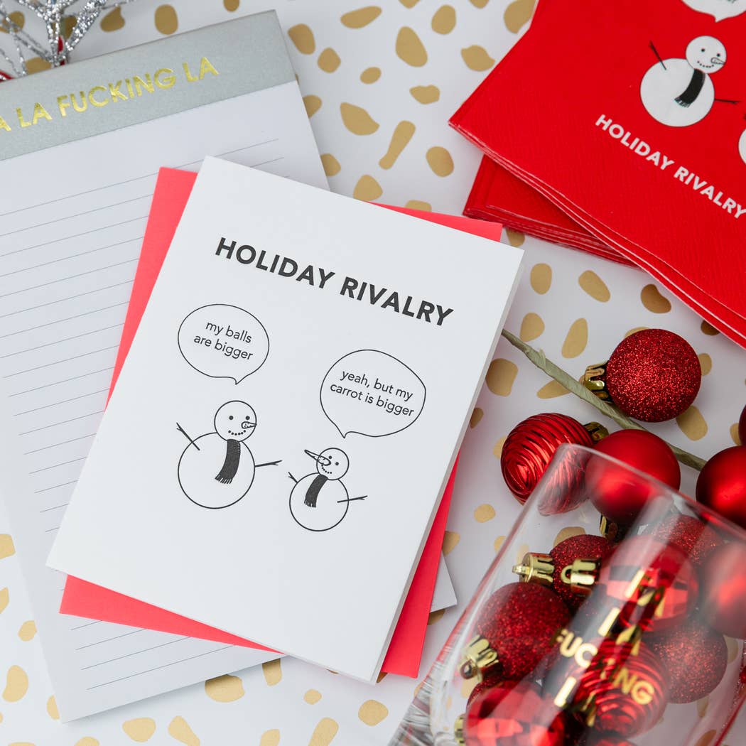Chez Gagné – Großhandel Weihnachtskarte – Schneemann-Feiertagsrivalität - Kugeln sind größer/Meine Karotte ist größer - Lustige Feiertagskarten4