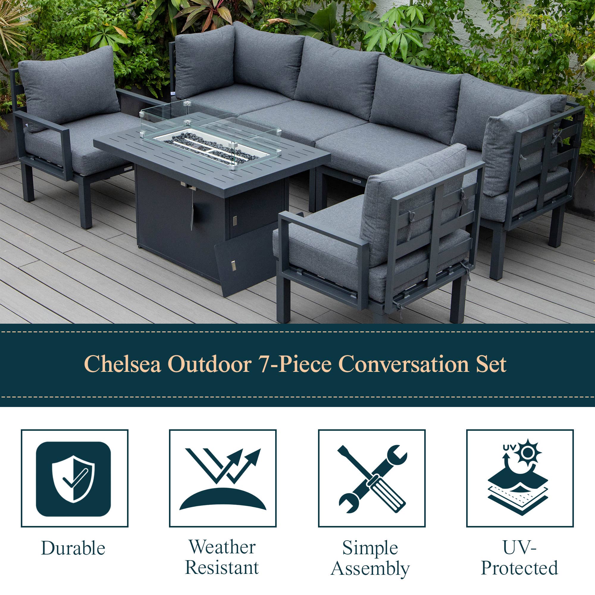 LeisureMod - Wholesale Patio Set - Chelsea 7-Piece Patio Sectional Set with Fire Pit Table31