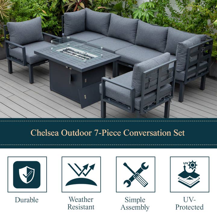 LeisureMod - Wholesale Patio Set - Chelsea 7-Piece Patio Sectional Set with Fire Pit Table31