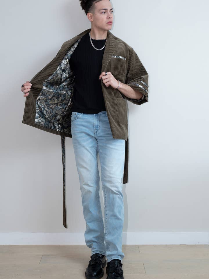 Sage Green Corduroy Kimono Blazer for wholesale by Essex Harlan