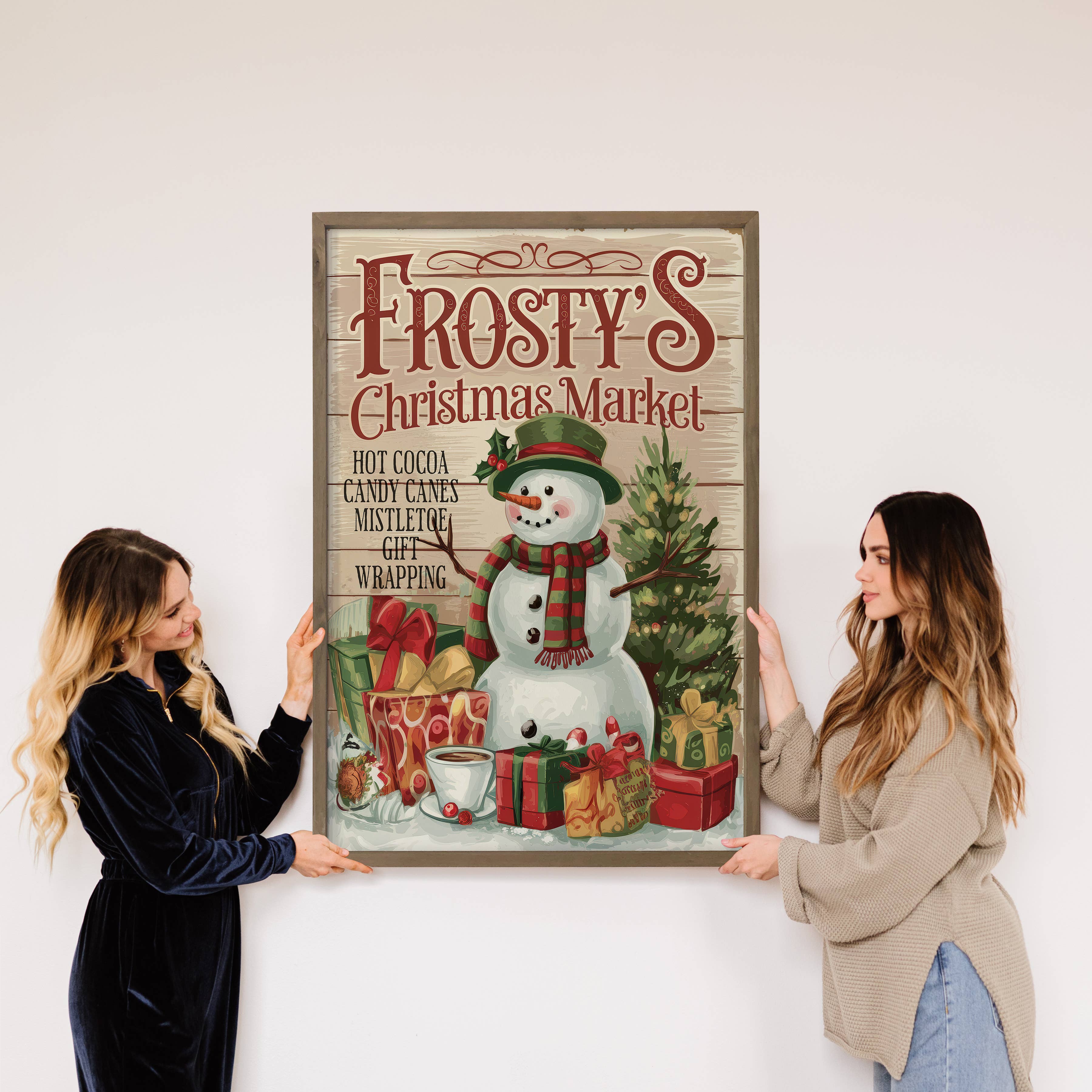 Hangout Home - Wholesale Art Print - Frosty's Holiday Market - Christmas Canvas Sign - Wood Frame4