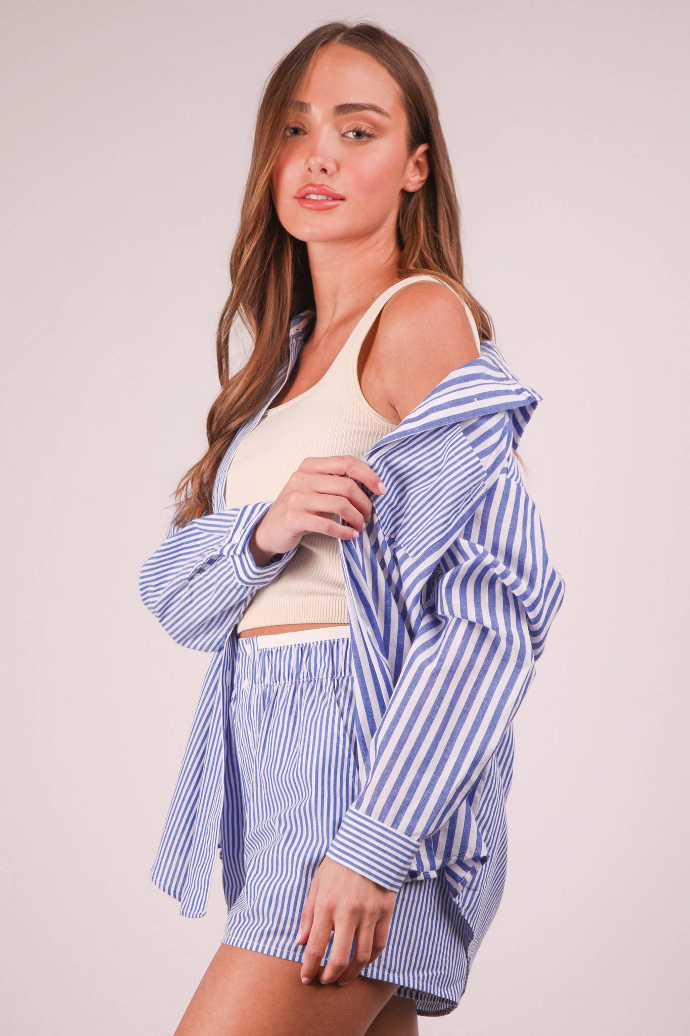 VERY J - Wholesale Lounge Set - Women's - NT12020SET-Striped Oversized Comfy Shirt Top & Shorts Set5
