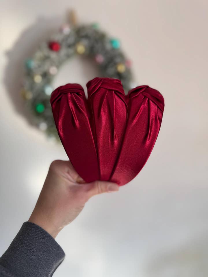 Red Satin Top Knot Bendable Holiday Headband for wholesale by Brynnbands