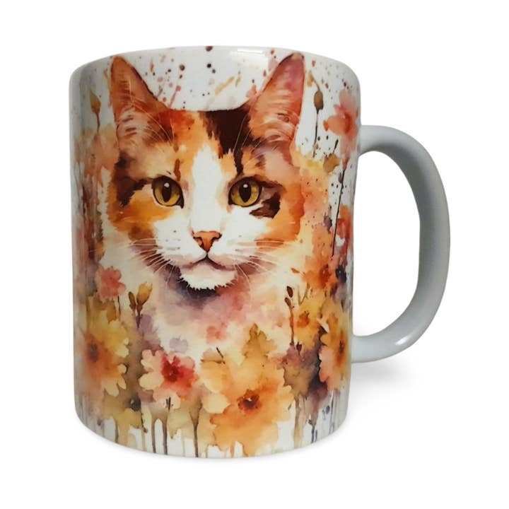 Water Colour Style Calico Cat in Flowers Coffee Mug for wholesale by Rockways Designs