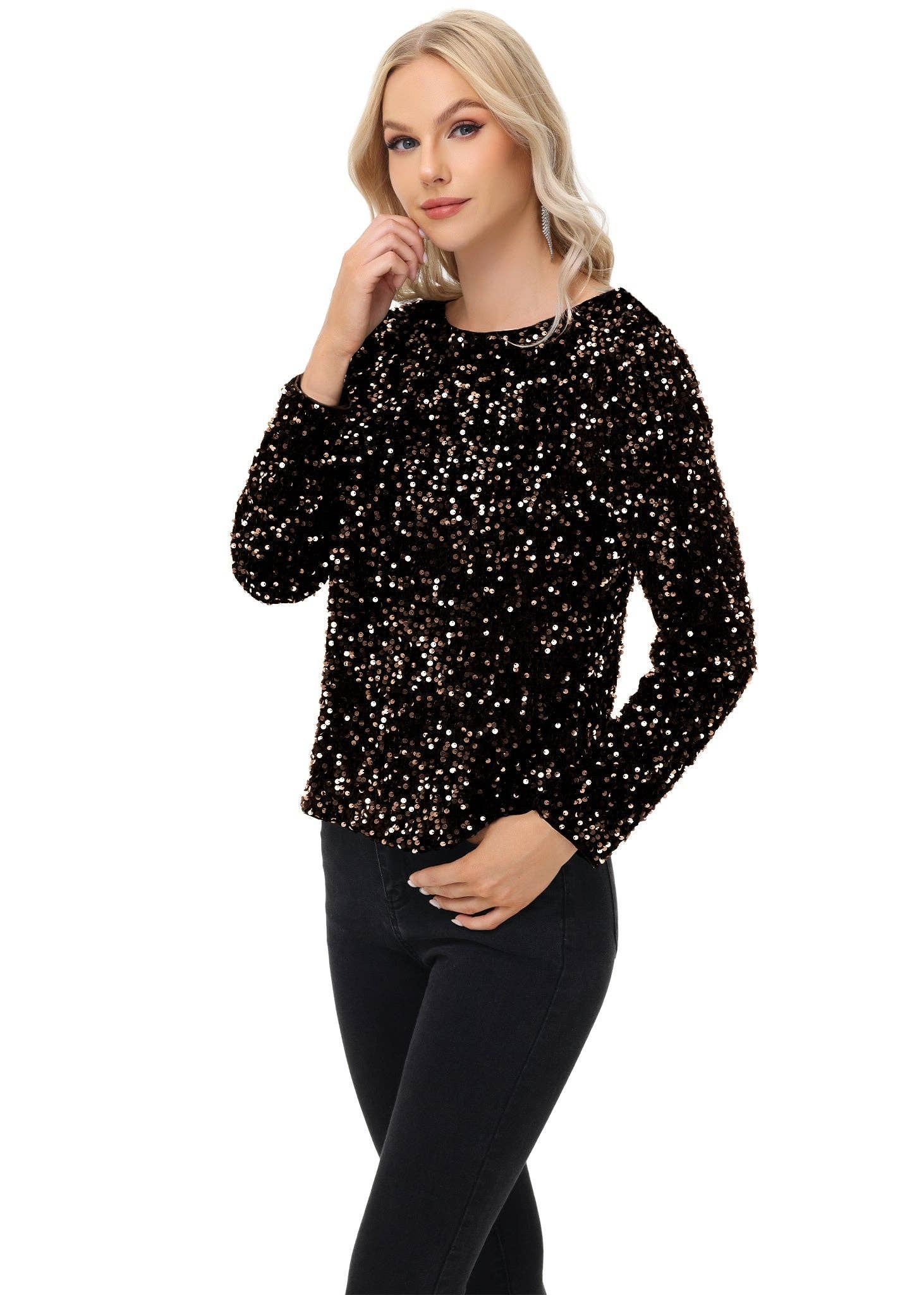 Anna Kaci Wholesale - Wholesale Blouse - Women's - Long Sleeve Sequin Tops Sparkly Glitter Evening Party2