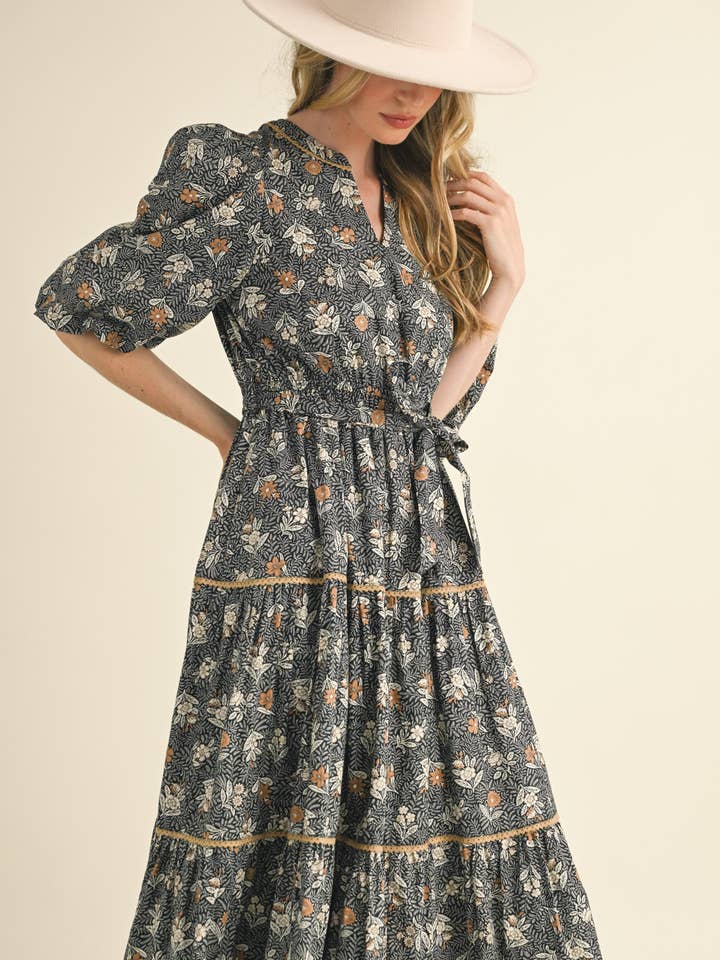 &MERCI - Wholesale Dress - Women's - BUBBLE SLEEVE LACE TRIM MIDI DRESS MDR34309