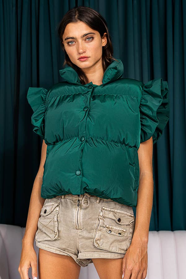 BUCKETLIST INC – wholesale Outerwear Vest - Women’s – IT1813-1 Ruffle Sleeve Crop Down Vest25