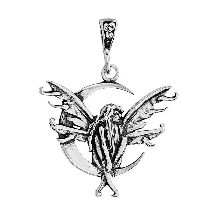 Beautiful 925 Silver Fairy on Moon Pendant for wholesale by Silver Jewellery Cavern Wholesale