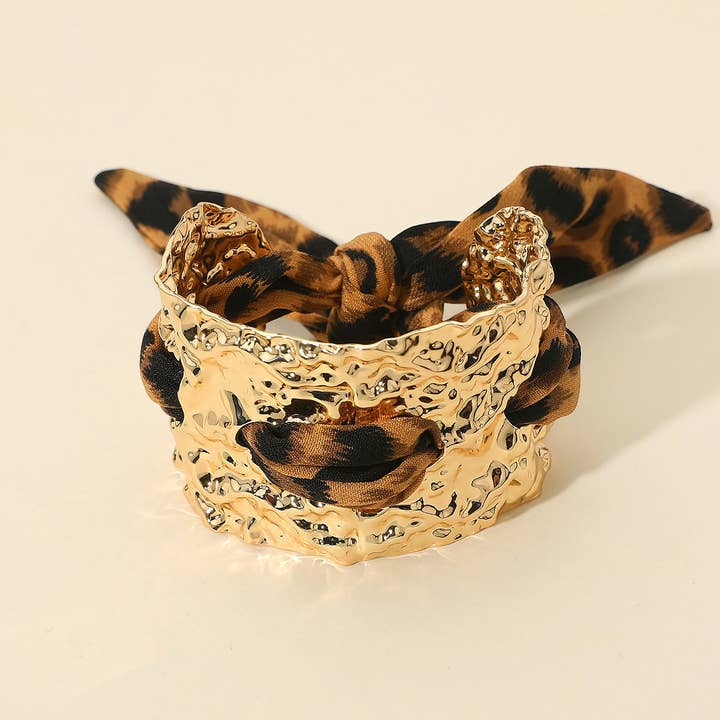 Sensibling Corp. - Wholesale Bangle Bracelet - Leopard Print Fabric Scarf Bold Hammered Metal Cuff Bracelet1
