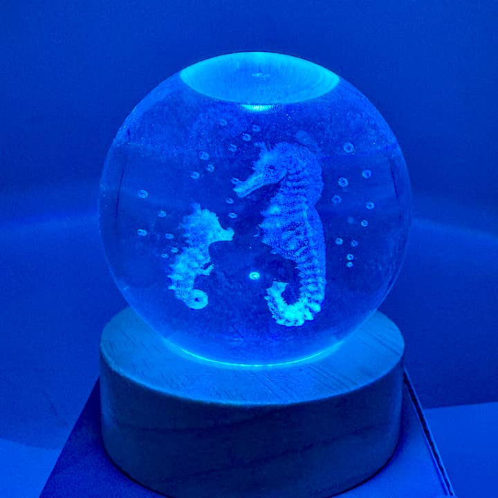29 Tonight - Wholesale Decorative Tabletop Object - LIGHT-UP 3D 60mm Laser etched glass wood base SEA HORSE1