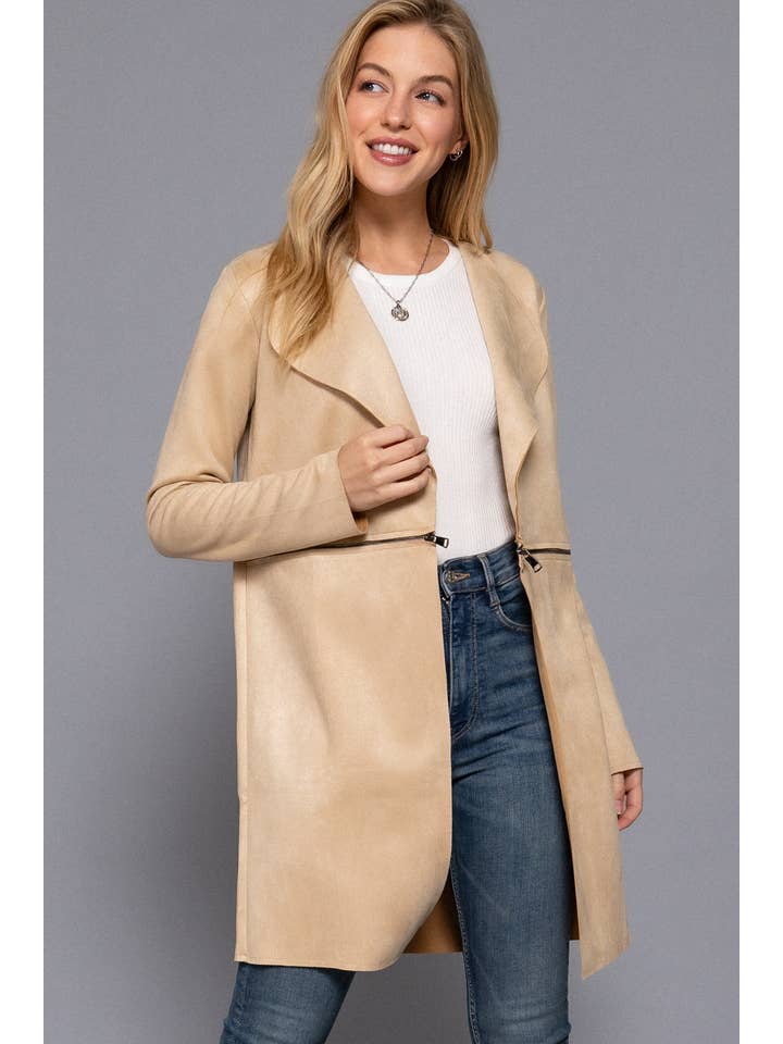 Active Basic | Active USA - Wholesale Jacket - Women's - Long Sleeve Front Two Zipper Detail Faux Suede Long Jacket