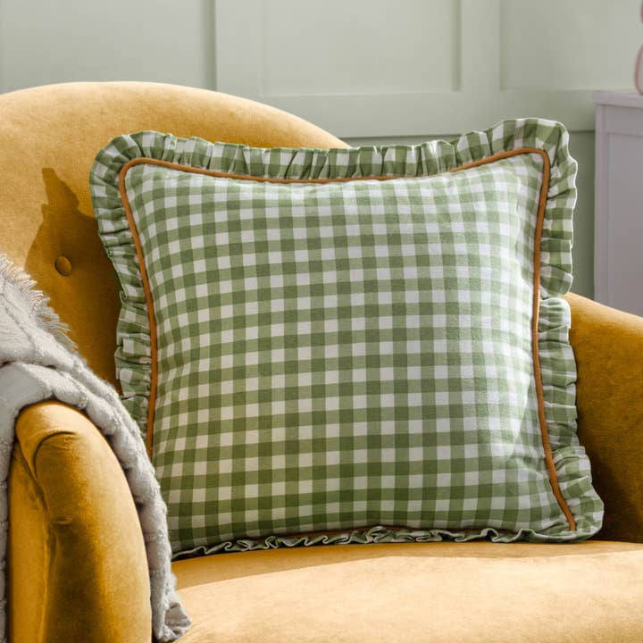 Maude Gingham Reversible Piped Cushion Sage for wholesale on Faire