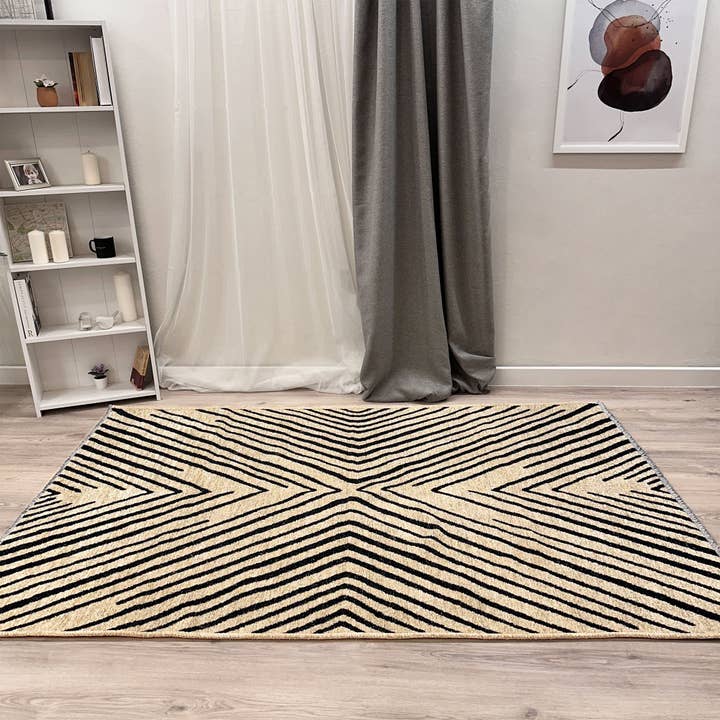 Alfa Rich Inc - Vente Tapis - Tapis lavables géométriques beiges noirs2