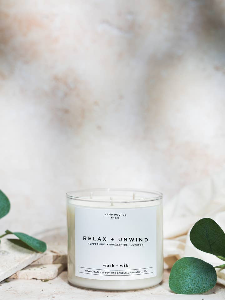 Relax + Unwind Soy Wax Candle | Eucalyptus - 3 Wick for wholesale by Wash and Wik
