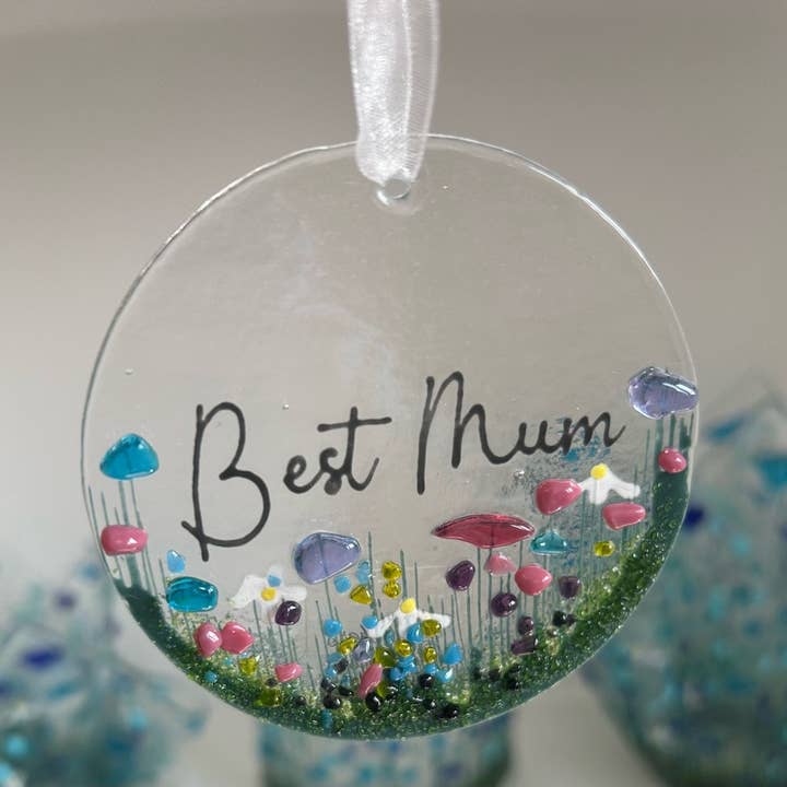 Handmade Fused Glass Hanging Decoration - 'Best Mum' for wholesale by Pam Peters Designs
