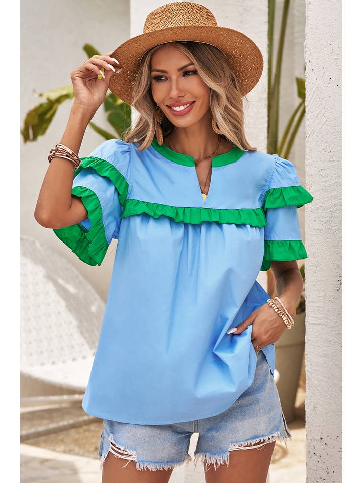 Mist Blue LDC Casual Colorblock Ruffle V-Neck Top for wholesale on Faire