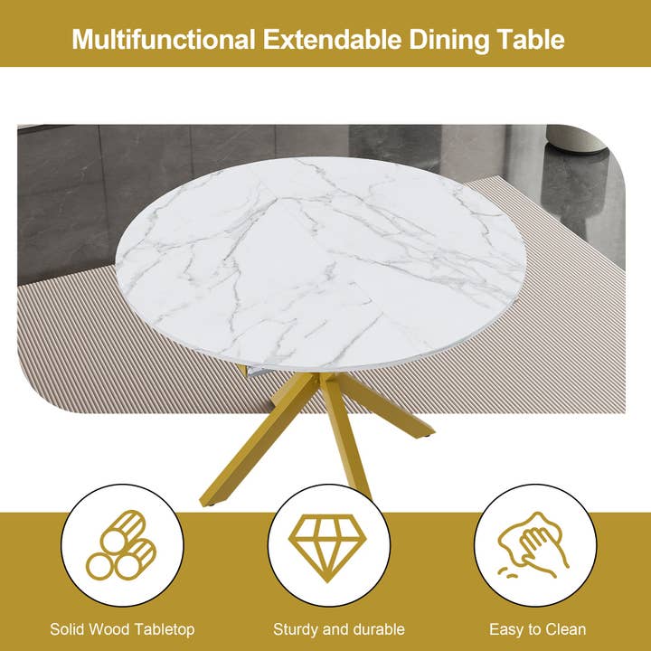 39F Inc. - Wholesale Side Table - Modern Round Dining Table with Extendable Blades, Carbon Steel X-Base, White Marble-Veined Top, MDF and Iron Construction, Fits 4-6 People7