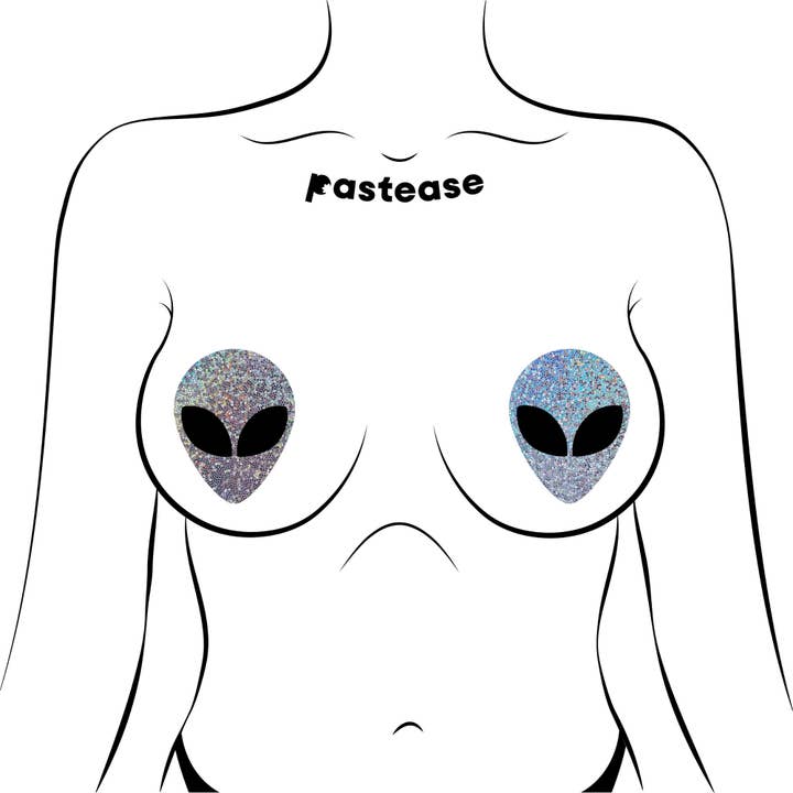 Pastease® – Cobre-mamilos - Mulher por atacado – Alien de prata brilhante com pastéis de mamilo Spacey Black Eyes2
